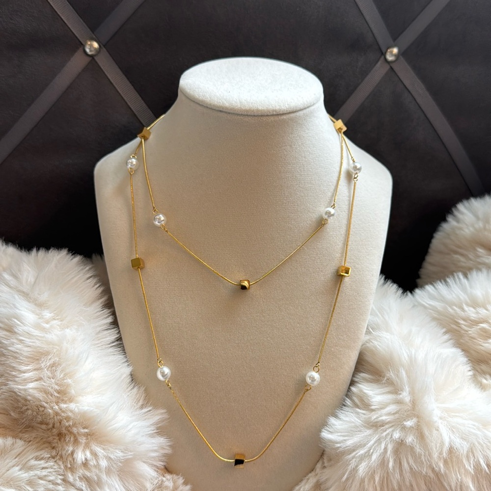Elegant Gold Tone and White Pearl Necklace with Square Accents Stainless Steel